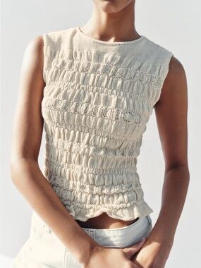 Zara Cream Smocked Knit Tank Top